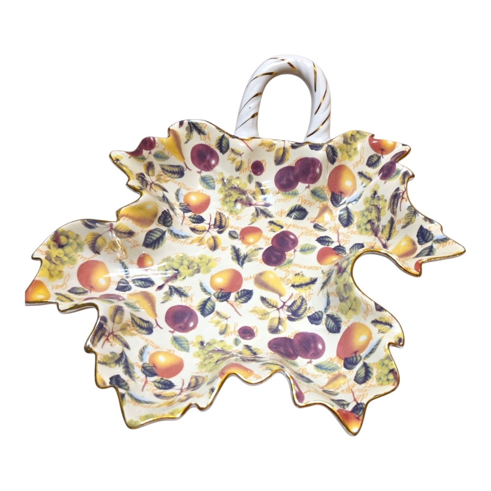 Leaf Shape Ceramic Platter Fruit Pattern Gold Trim Fall Thanksgiving By Mayfair